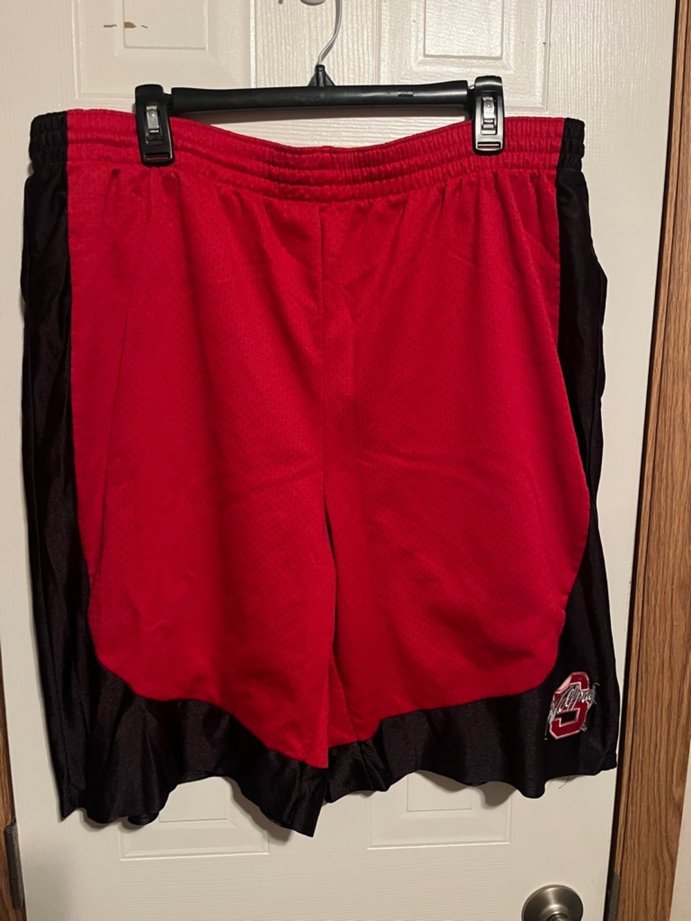 Red and Black Athletic Shorts with Embroidered NC State Patch